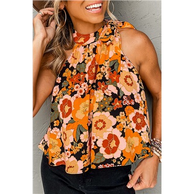 Orange Floral Print Knotted Halter Neck Sleeveless Top