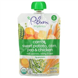 Plum Organics, органическое детское питание, этап 3, морковь, батат, кукуруза, горох, курица с киноа, сельдереем и луком-пореем, 113 г (4 унции)