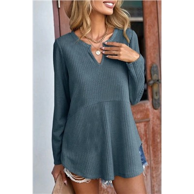 Real Teal Waffle Knit Notched Neck Long Sleeve Babydoll Blouse