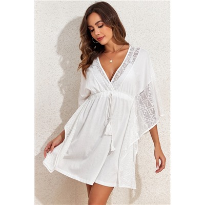 White Lace Patch Kimono Sleeve Tassel Drawstring Beach Cover Up