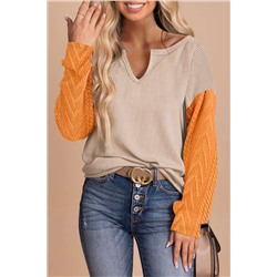 Parchment Corduroy Patchwork Drop Shoulder V Neck Top