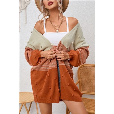 Brown Pompom Color Block Open Front Cardigan