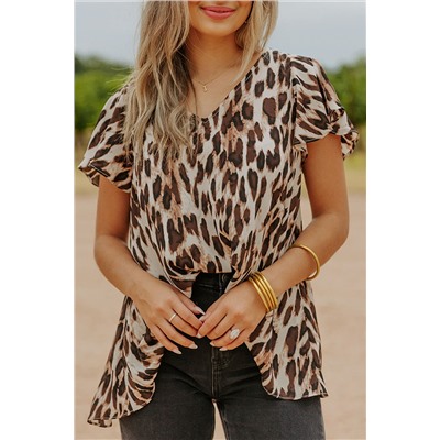 Brown Flutter Sleeves Leopard/Abstract Print V Neck Top