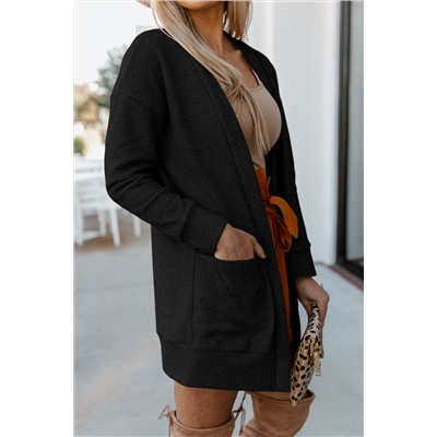Black Thermal Waffle Knit Pocketed Cardigan