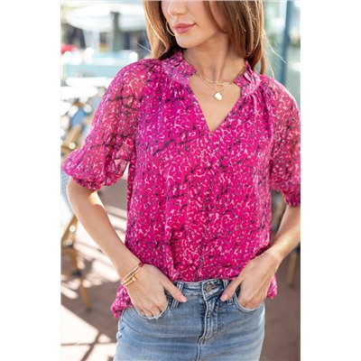 Rose Frilled Neck Puff Sleeves Leopard Print Top