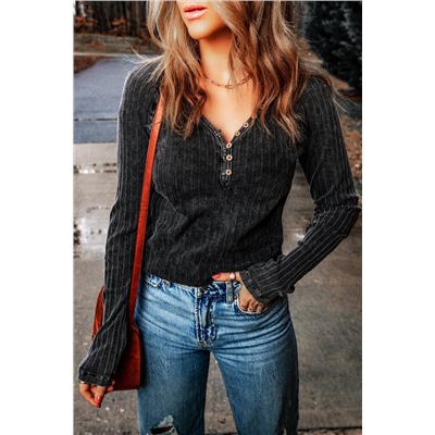 Black Vintage Ribbed Knit Button V Neck Long Sleeve Top