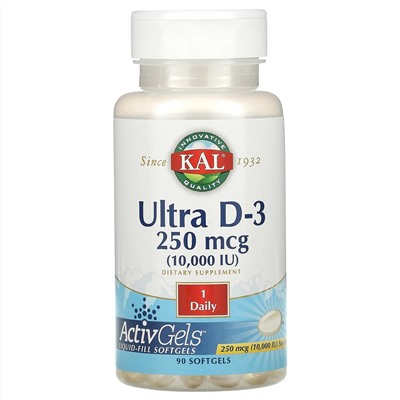 KAL, Ultra D-3, 250 mcg (10,000 IU), 90 Softgels