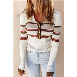 White Rib Knitted Stripe Detail Henley Sweater