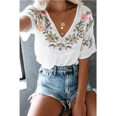 White Floral Embroidered V Neck Crinkle Babydoll Blouse