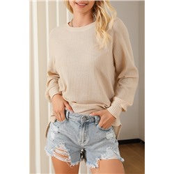 Khaki Solid Waffle Knit Raglan Sleeve Top