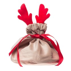 Подарочная упаковка - новогодний мешок с рожками New Year (13x15cm) (beige/red)