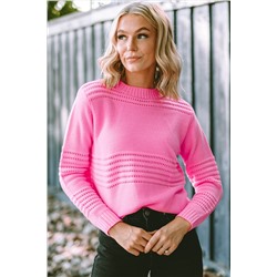 Pink Solid Color Cable Knit Eyelets Mock Neck Sweater