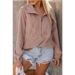 Apricot Ribbed Texture Half Zip Collared Sweatshirt