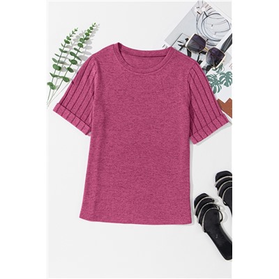 Bright Pink Ribbed Splicing Sleeve Round Neck T-shirt