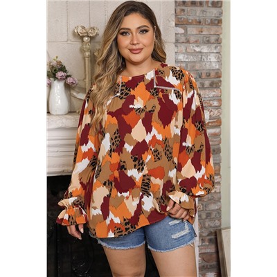 Multicolour Plus Size Abstract Print Puff Sleeve Blouse