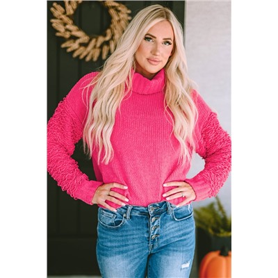 Pink Ribbed Turtleneck Fuzzy Sleeve Knit Sweater