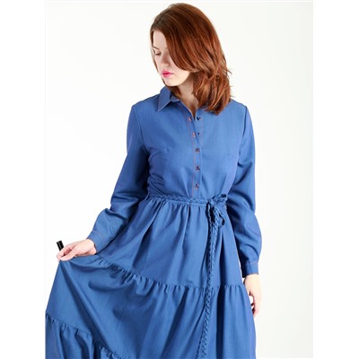 Платье синее женское длинное с поясом на пуговицах