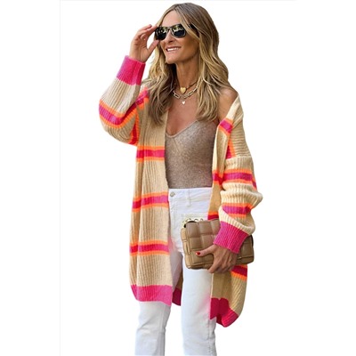 Stripe Printed Ribbed Long Knitted Cardigan