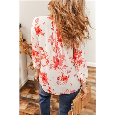 Printed Plant Print Pleated Back V Neck Shift Casual Shirt