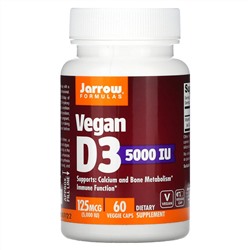 Jarrow Formulas, витамин D3 для веганов, 125 мкг (5000 МЕ), 60 растительных капсул