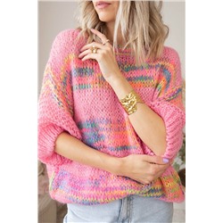 Rose Colorful Stripes 3/4 Sleeve Loose Sweater