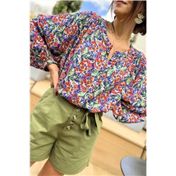 Multicolor Floral Balloon Sleeve Loose Blouse