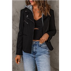 Black Notch Collar Detachable Hood Zipped Jacket