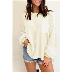 White Exposed Seam Patchwork Bubble Sleeve Waffle Knit Top