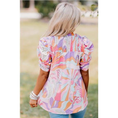 Pink Abstract Print Bubble Sleeve Smock Detail Blouse