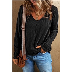 Black V Neck Center Seam Long Sleeve Tee