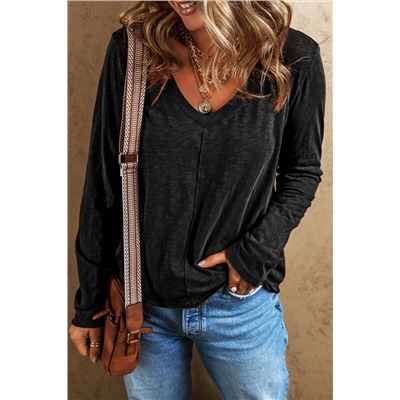 Black V Neck Center Seam Long Sleeve Tee