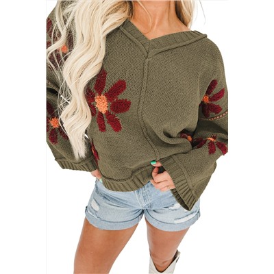 Sage Green Flower Knit Ribbed Trim V Neck Sweater