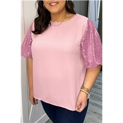 Pink Contrast Sequin Bubble Sleeve Plus Size T-shirt