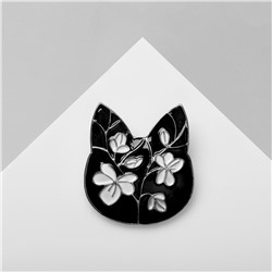 Брошь Кошечка цветочный узор 2.8х2.6см черно-белый в серебре 9897150