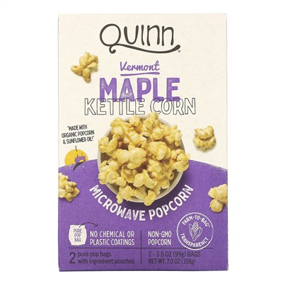 Quinn Popcorn, Microwave Popcorn, Vermont Maple Kettle Corn, 2 Bags, 3.5 oz (99 g) Each