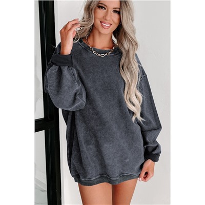 Gray Solid Ribbed Knit Round Neck Pullover Sweatshirt