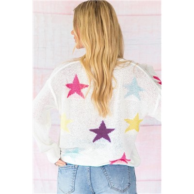 White Colorful Star Pattern Loose Sweater