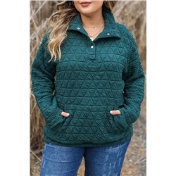 Blackish Green Plus Size Quarter Buttoned Pocketed Quilted Sweatshirt