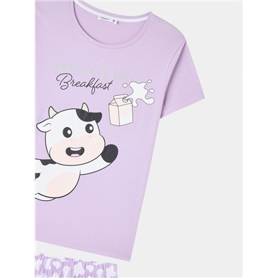 Пижамный комплект: футболка с короткими рукавами и шорты с принтом «коровки». Глициновый