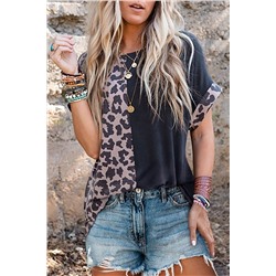 Black Half Leopard Patchwork Short Sleeves Top