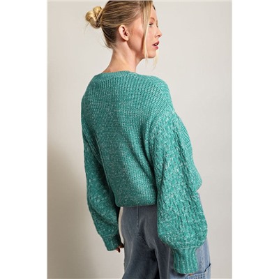 Sea Green Cable Knit Sleeve Drop Shoulder Sweater