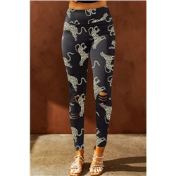 Black Printed High Rise Cheetah Print Ripped Leggings