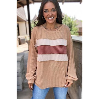 Light French Beige Colorblock Rib Corded Sweatshirt