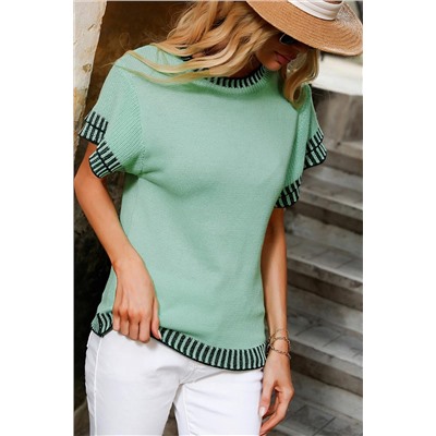 Mint Green Contrast Trim Round Neck Batwing Sleeve Knitted Top