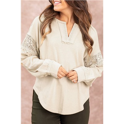 Oatmeal Notched Neck Crochet Insert Round Hem Sweatshirt