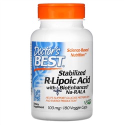 Doctor's Best, стабилизированная R-липоевая кислота с BioEnhanced Na-RALA, 100 мг, 180 вегетарианских капсул