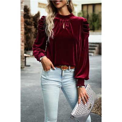 Red Mock Neck Puff Sleeve Velvet Blouse