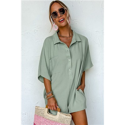 Spinach Green Half Button Collared Loose Romper