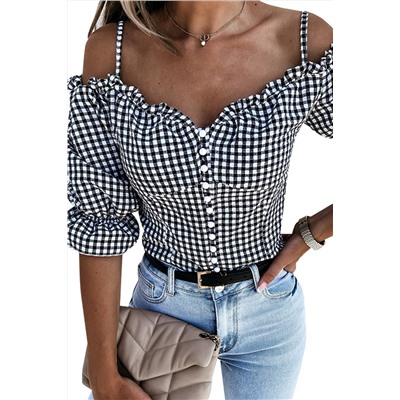 Black Sweetheart Gingham Button Down Cold Shoulder Blouse