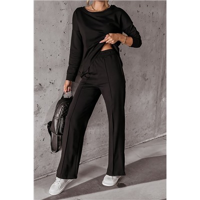 Black Solid Pullover and Seamed Casual Pants Set